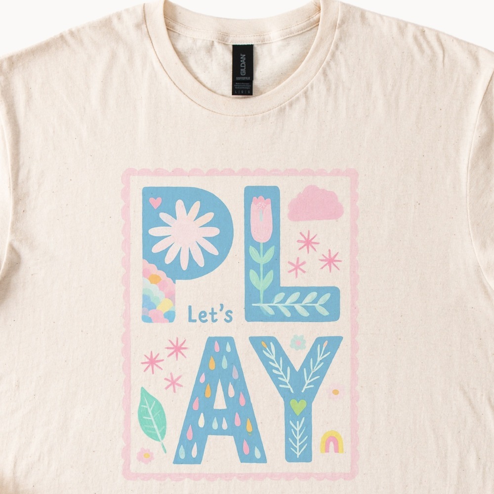 Let's Play Floral Block Letters in Scalloped Border Tee